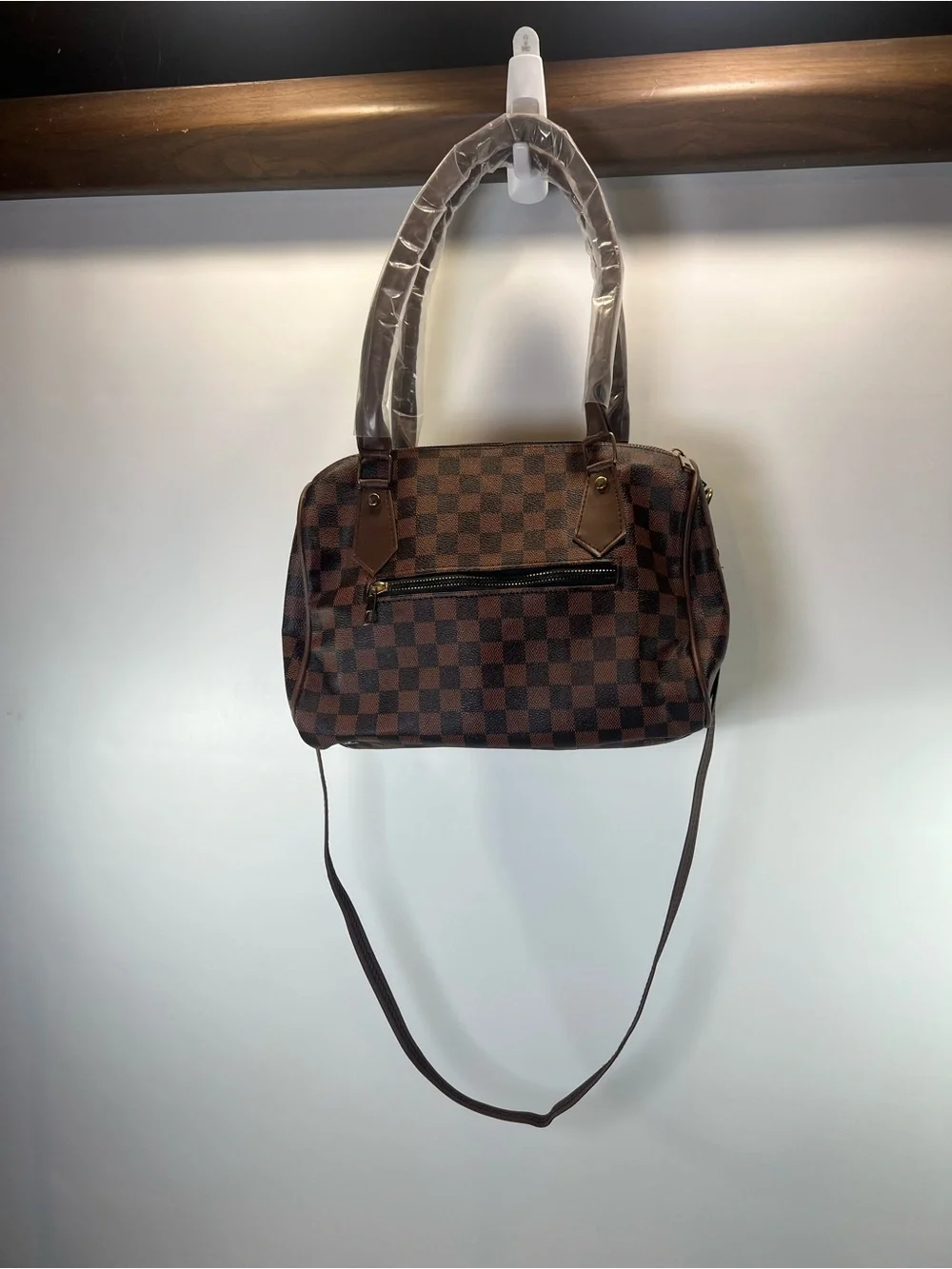 Brown Monogram Style Satchel Purse Gold Tone Hardware Fashion Handbag Flaw